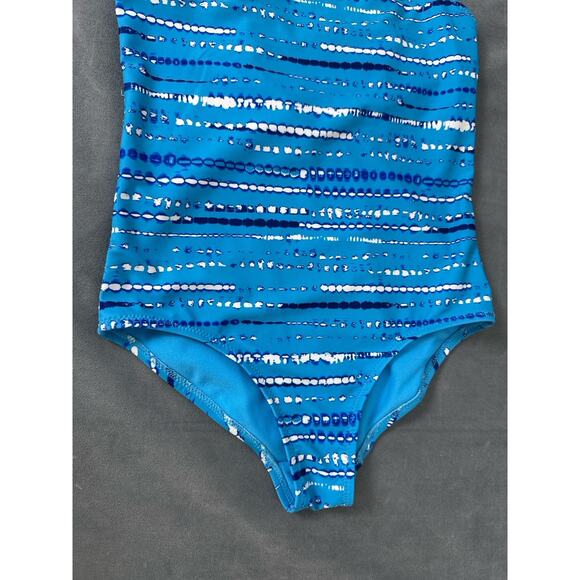Lands’ End Girls Size 8 Medium Swimsuit One Piece Blue Dot Stripes Bathing Suit - Picture 3 of 7